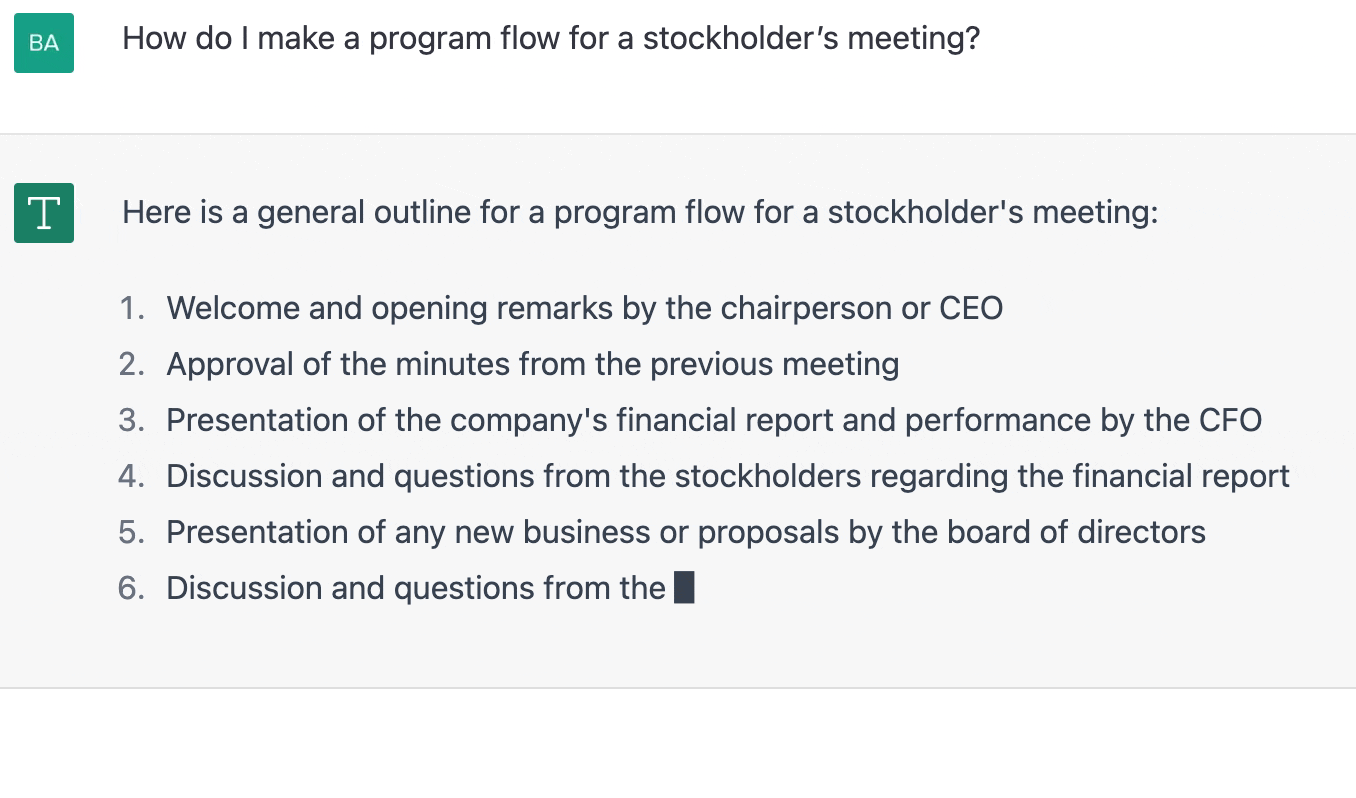 ChatGPT prompt about making a program flow for a stockholder's meeting