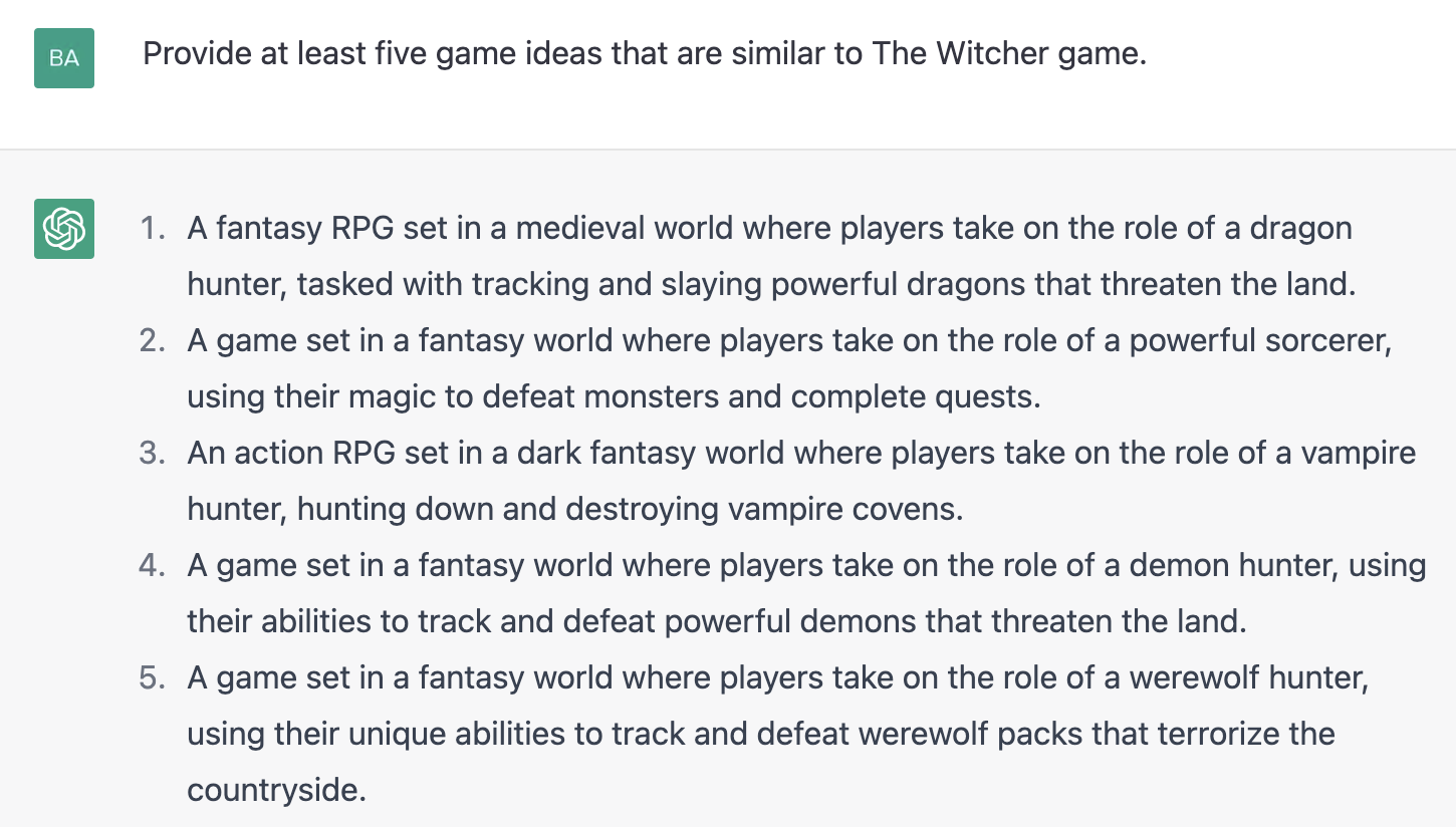 ChatGPT prompt about providing at least five game ideas that are similar to the witcher game
