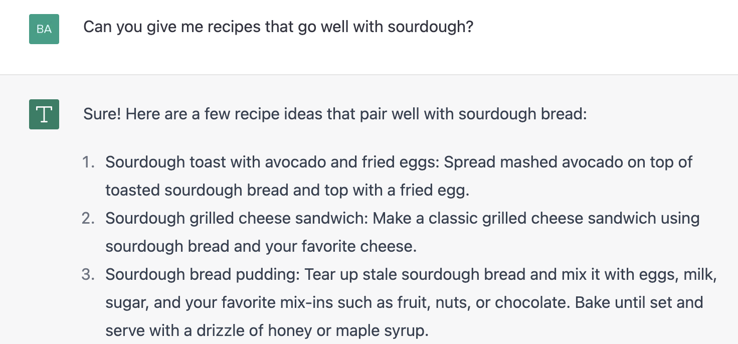 ChatGPT prompt about giving recipes that go well with sourdough