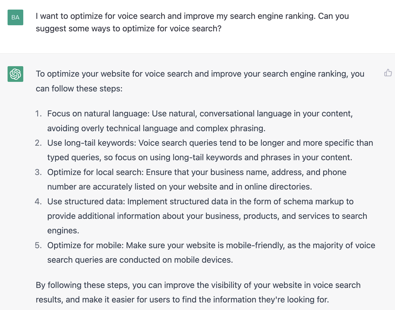 ChatGPT prompt about how to optimize for voice search and improve search engine ranking