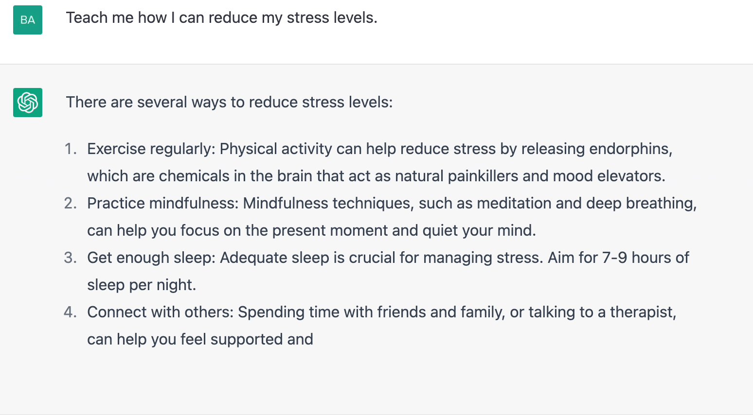 ChatGPT prompt about teaching how to reduce stress levels