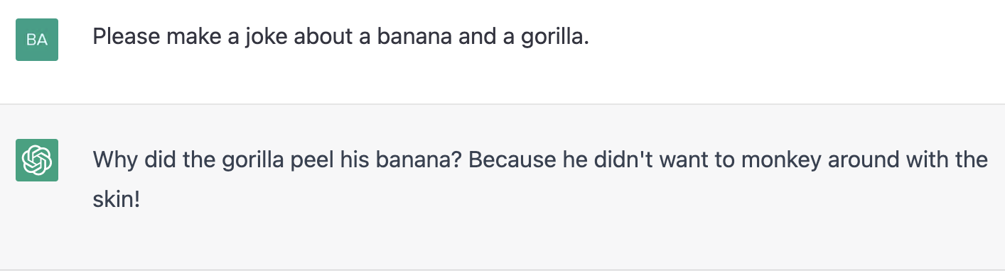 ChatGPT prompt making a joke about a banana and a gorilla