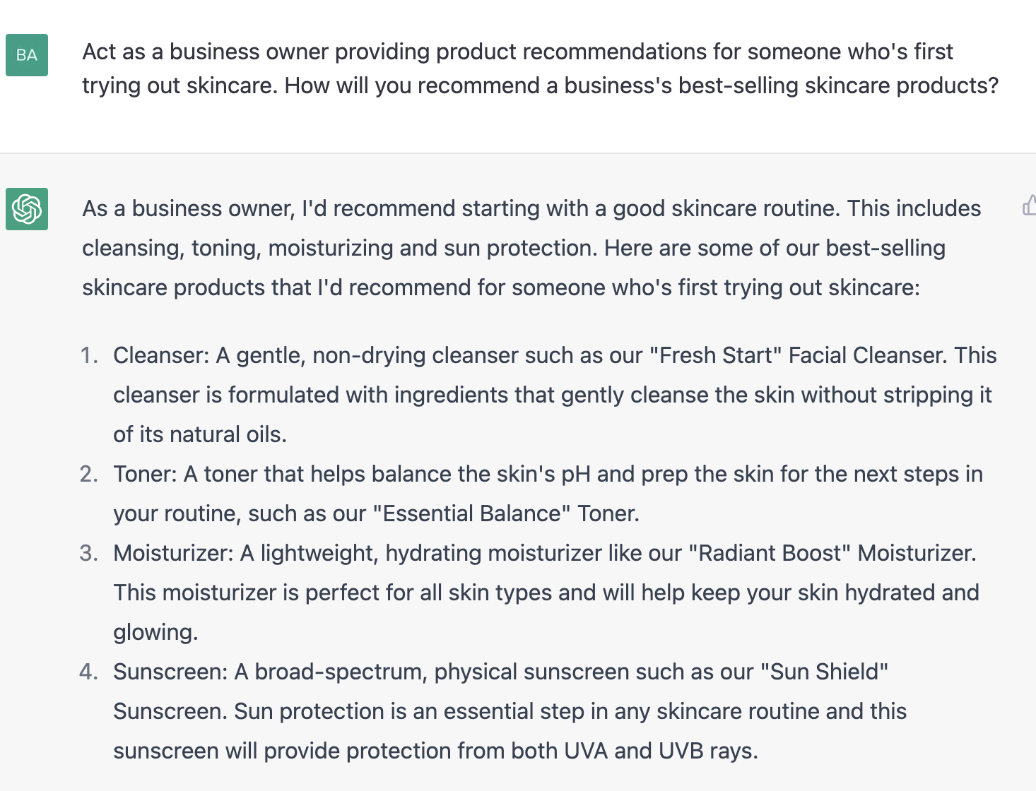 ChatGPT prompt about how to recommend a business's best selling products.