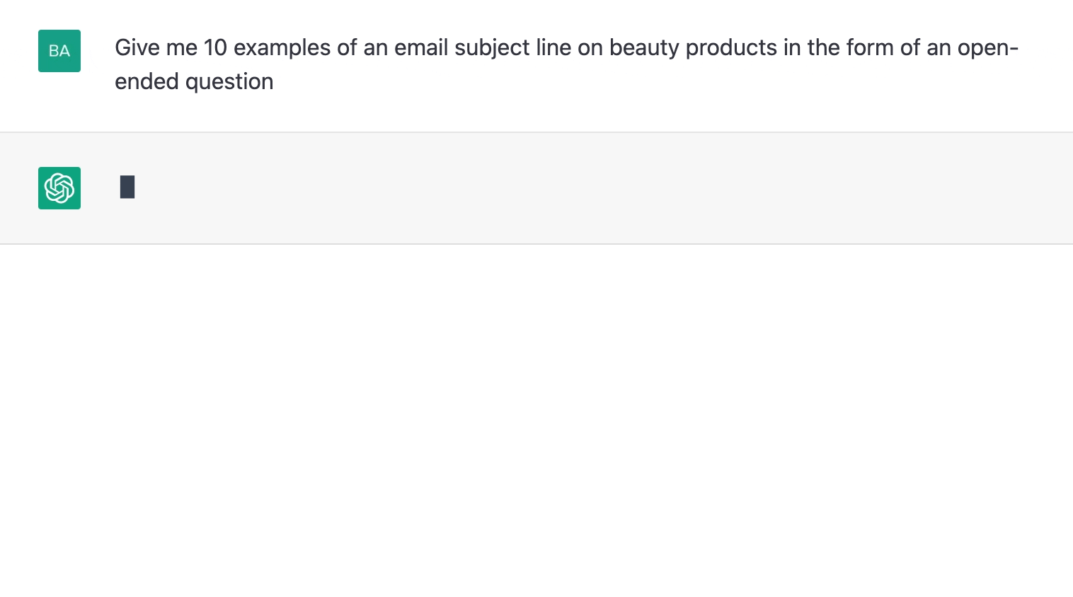 ChatGPT prompt about giving 10 examples of an email subject line on beauty products 