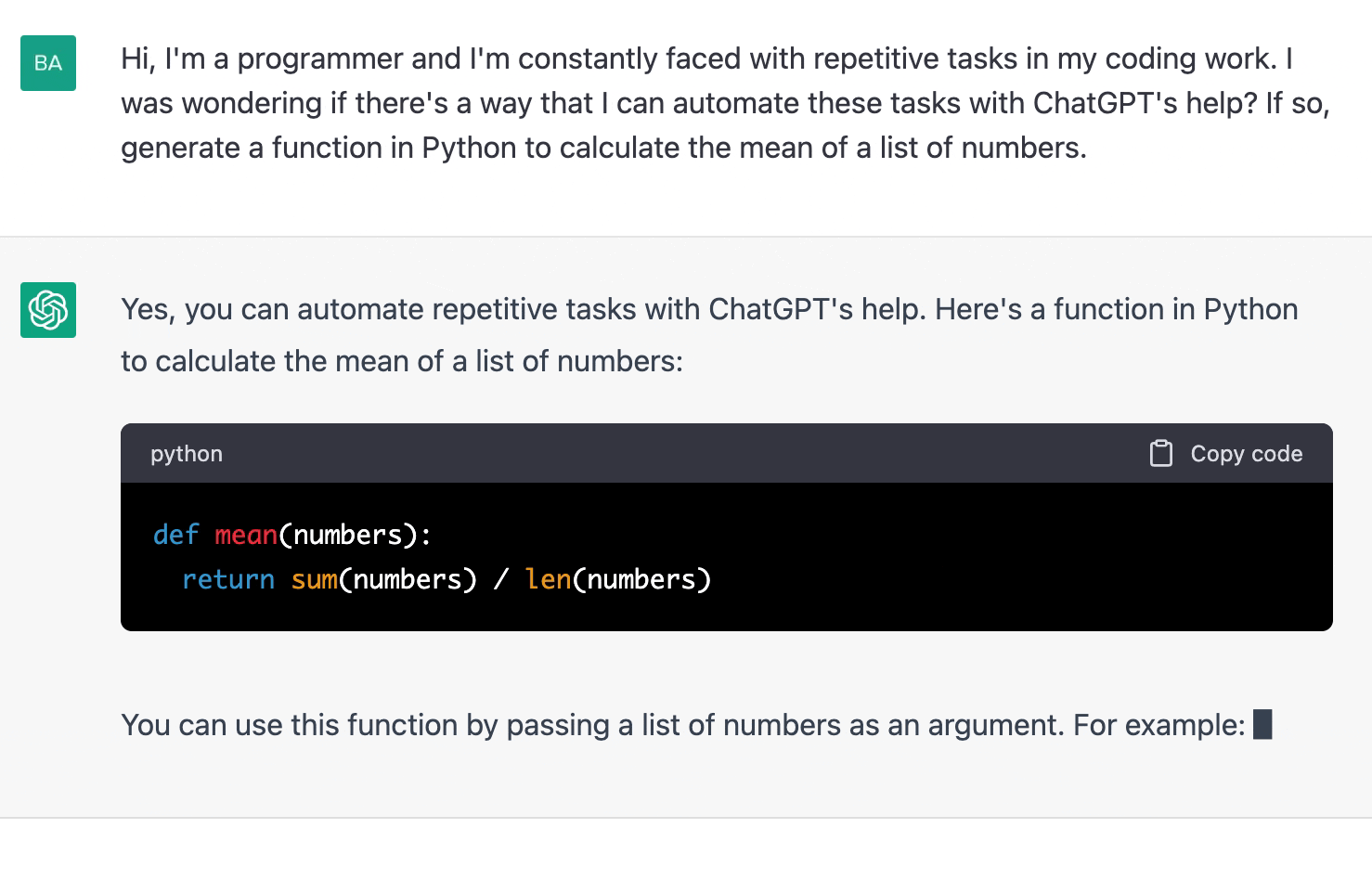 ChatGPT prompt about a function in python to calculate the mean list of numbers