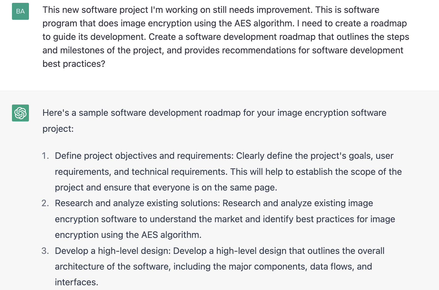 ChatGPT prompt about the sample software development roadmap