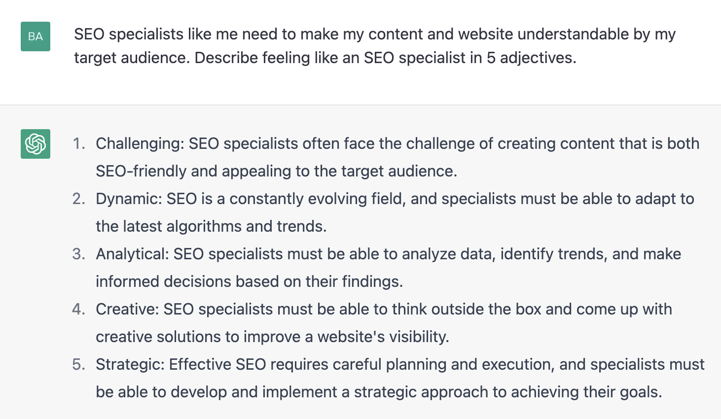 ChatGPT prompt about describing the feeling like an SEO specialist in 5 adjectives