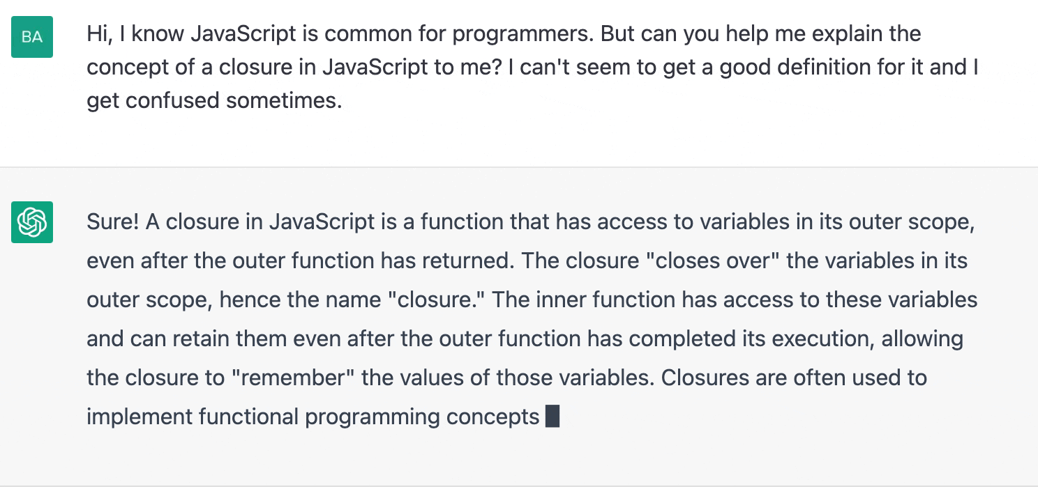 ChatGPT prompt about the concept of a closure in Javascript