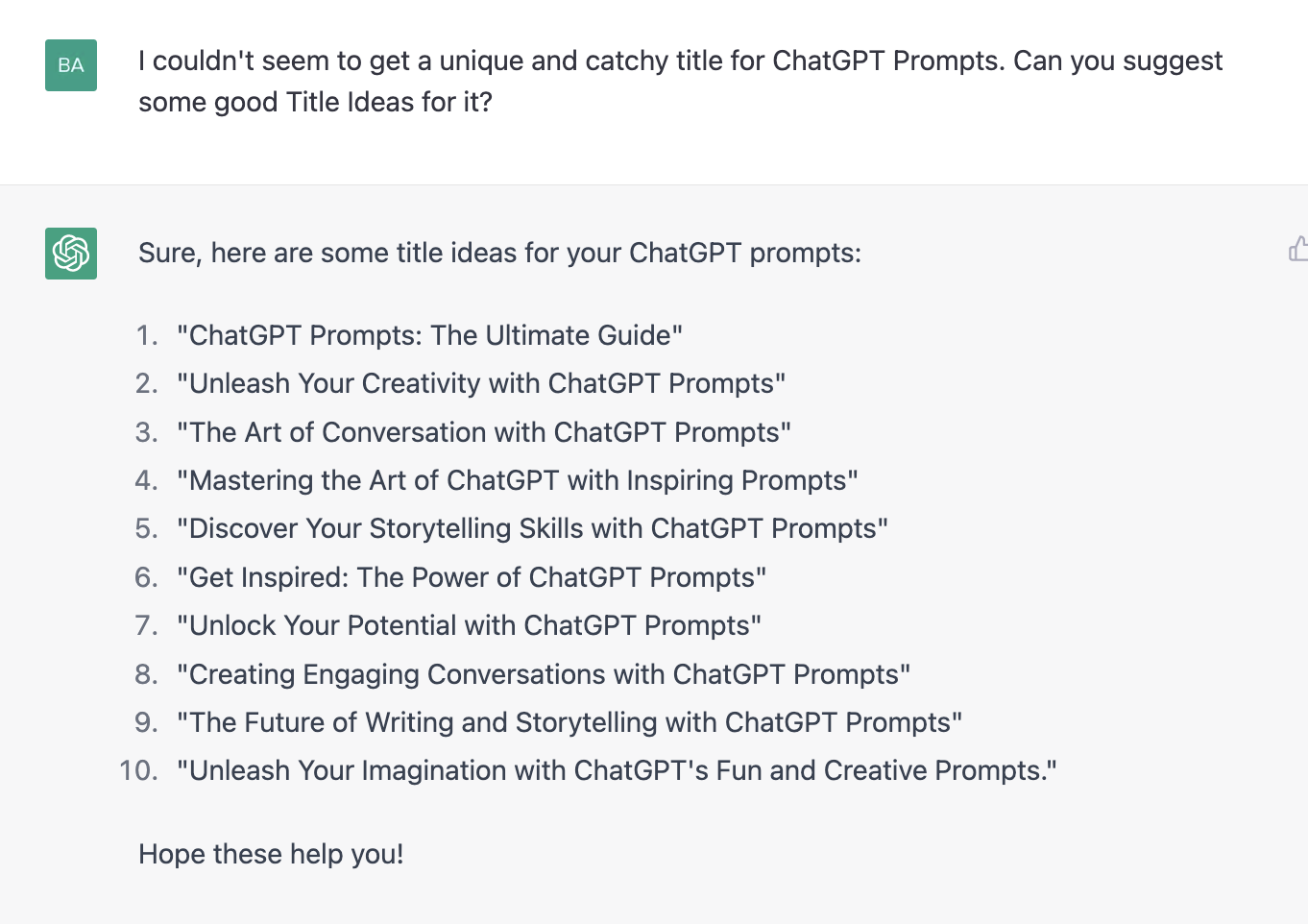 ChatGPT prompt about title ideas for chatGPT prompts