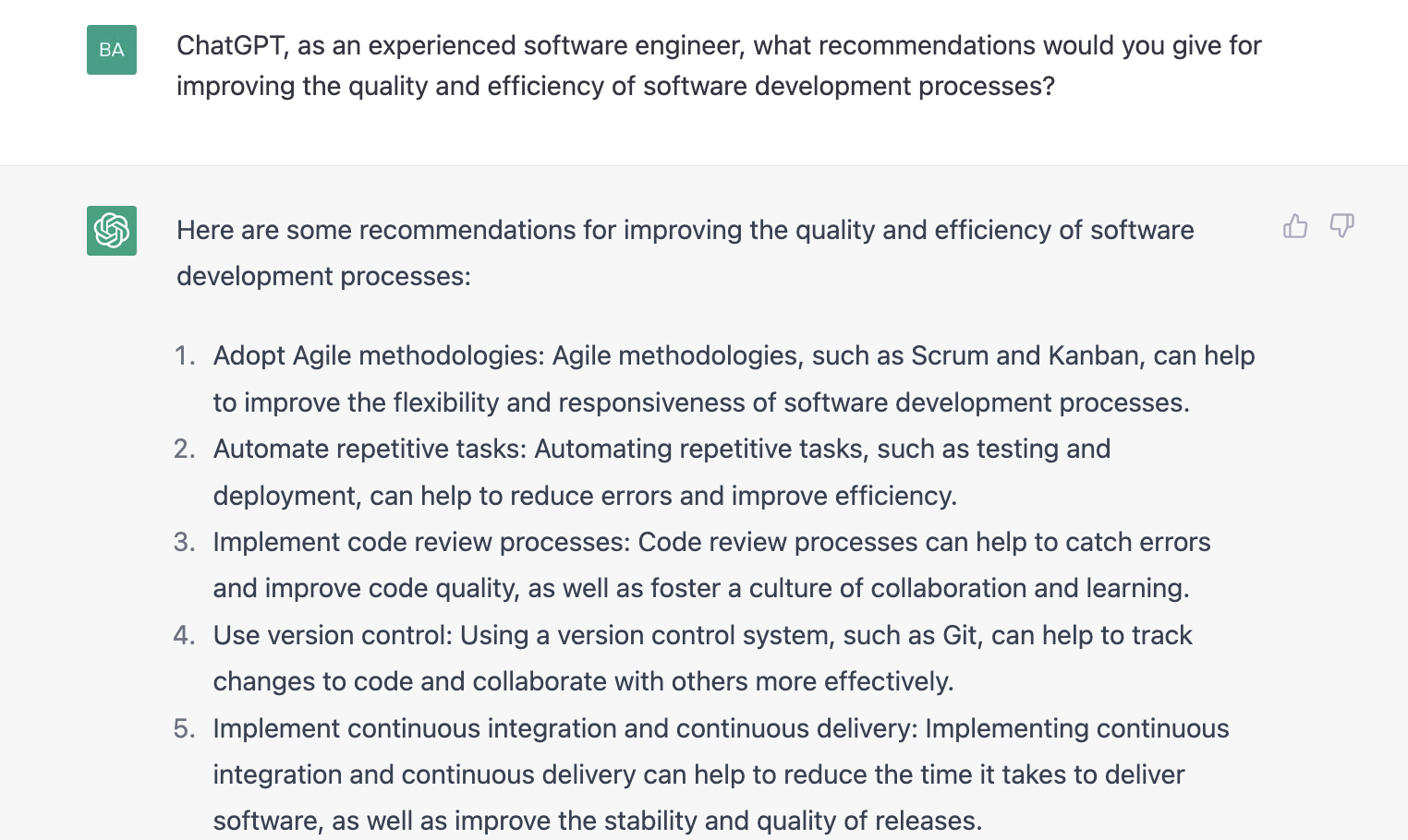 ChatGPT prompt about recommendations for improving the quality and efficiency of software development processes