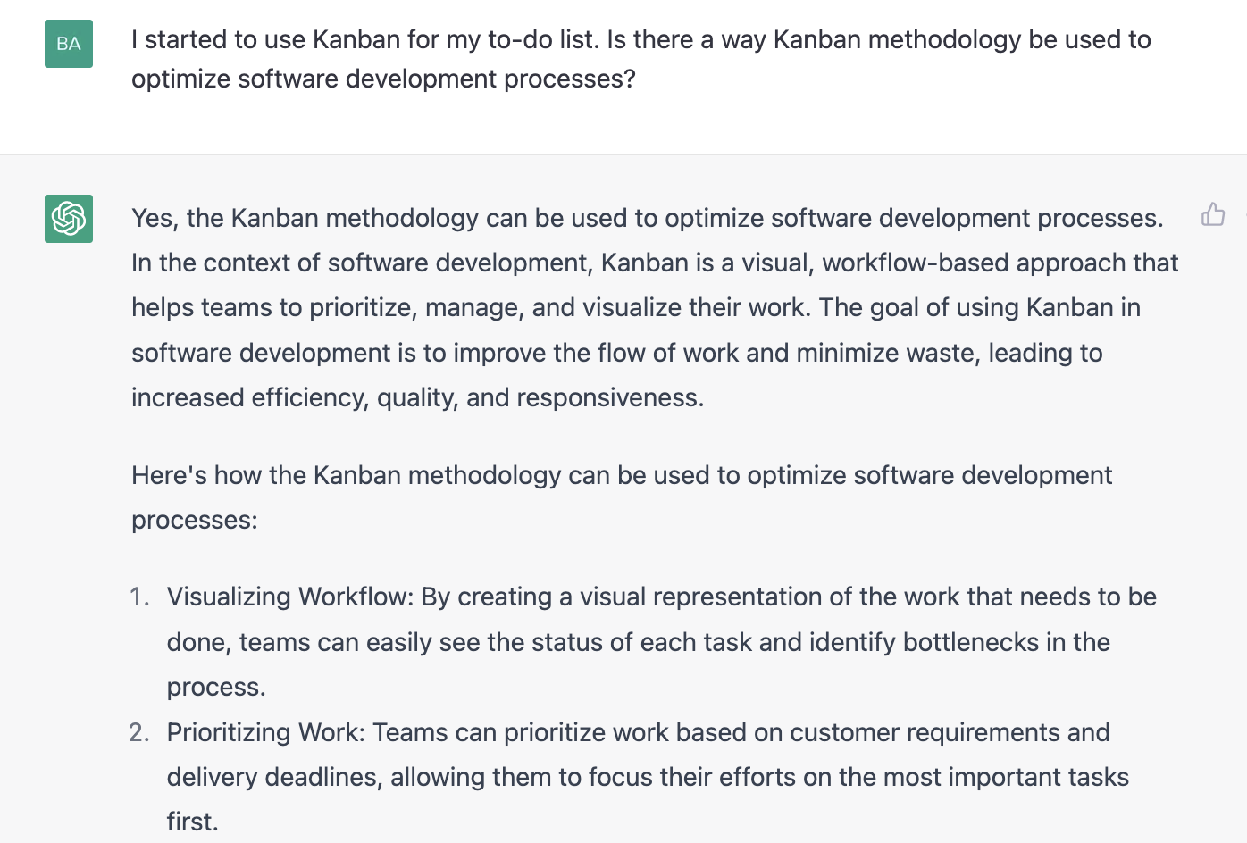 ChatGPT prompt about how the kanban methodology can be used to optimize software development