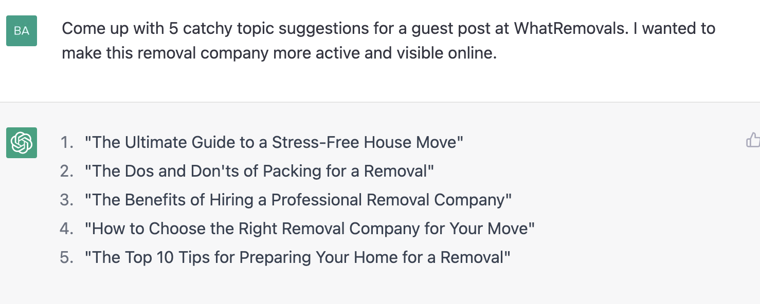 ChatGPT prompt about five catchy topic suggestions for a guest post at WhatRemovals