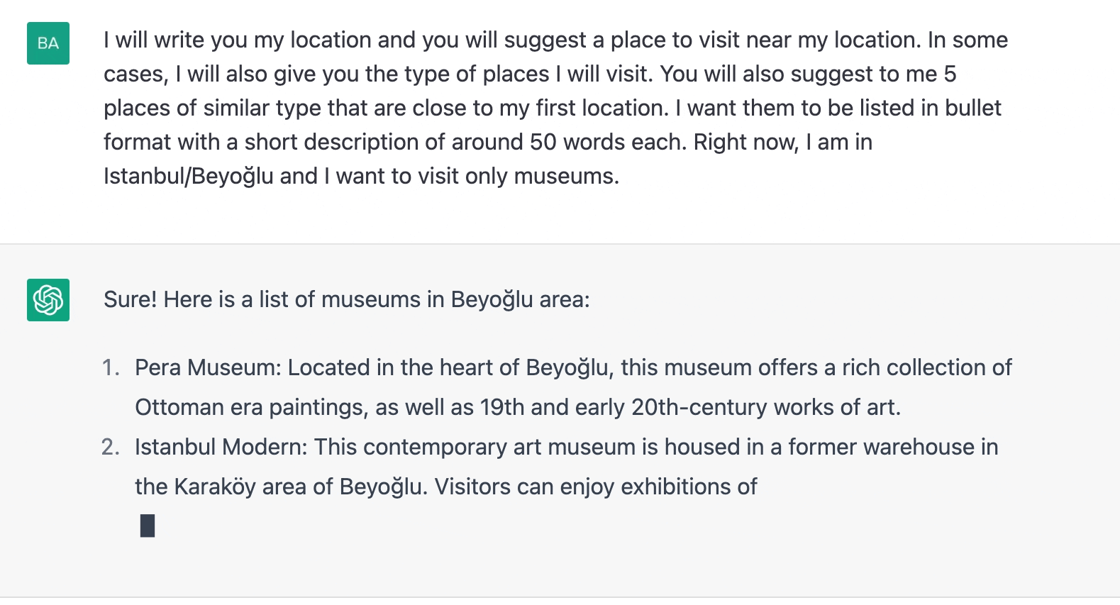 ChatGPT prompt about the list of museums in Beyoglu area