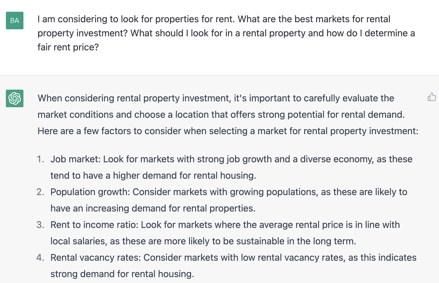 ChatGPT prompt about the best markets for rental property investment