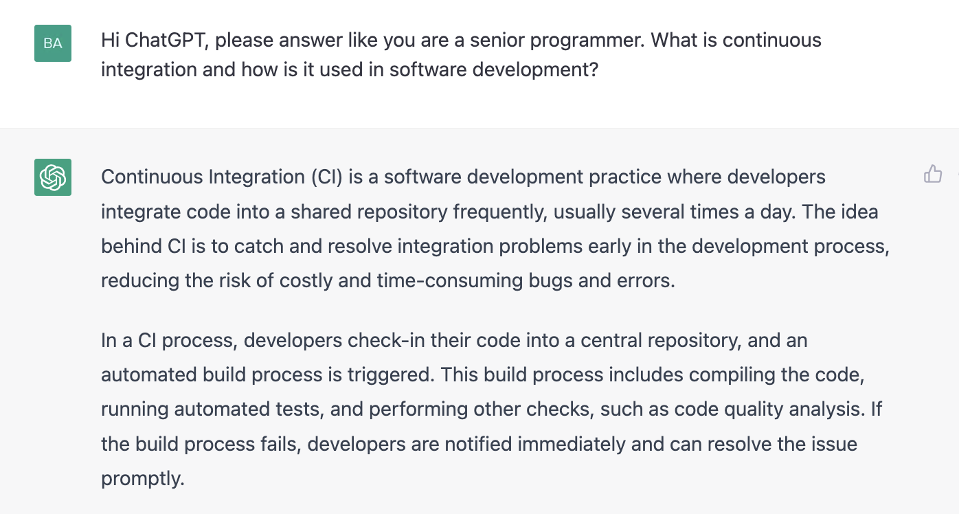 ChatGPT prompt about continuous integration and how is it used in software development