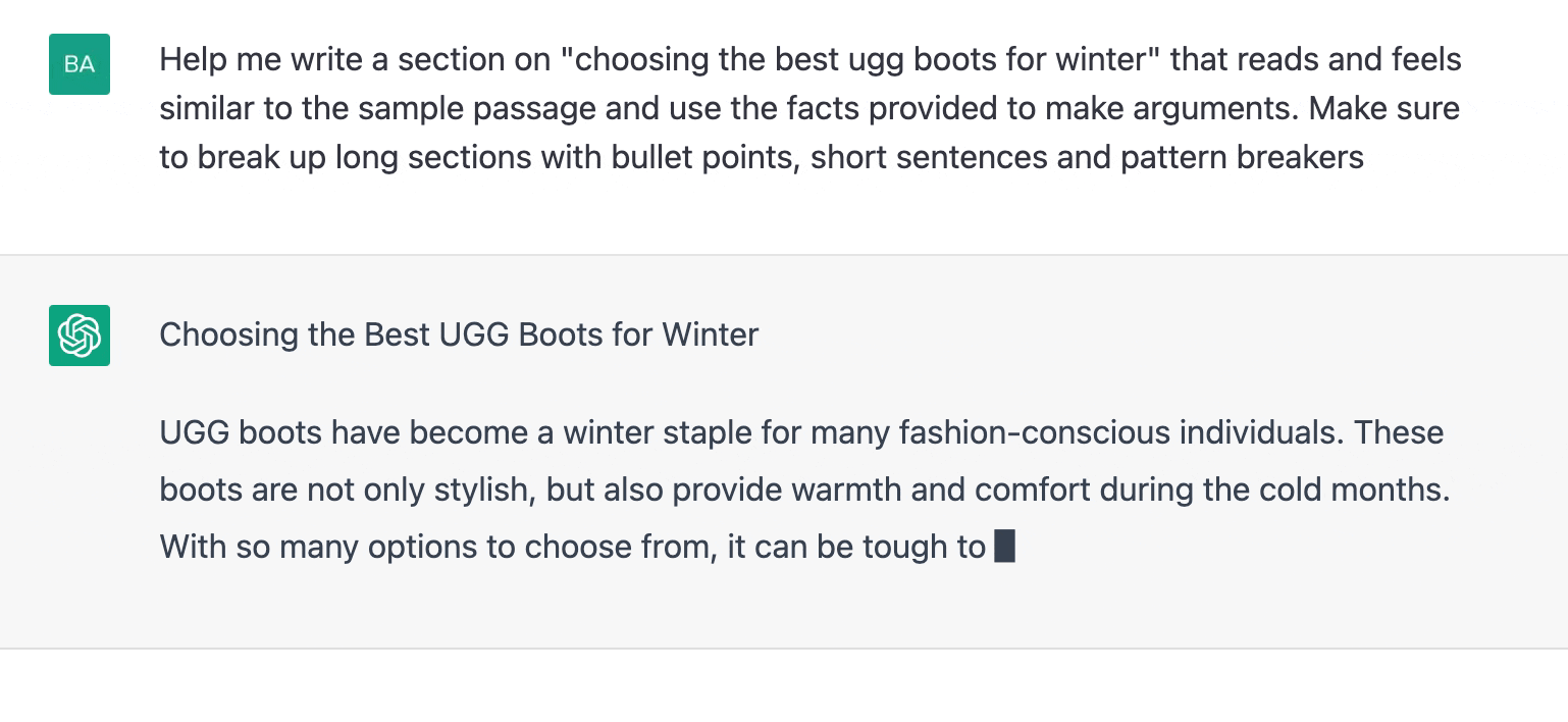 ChatGPT prompt about writing a section on choosing the best ugg boots for winter