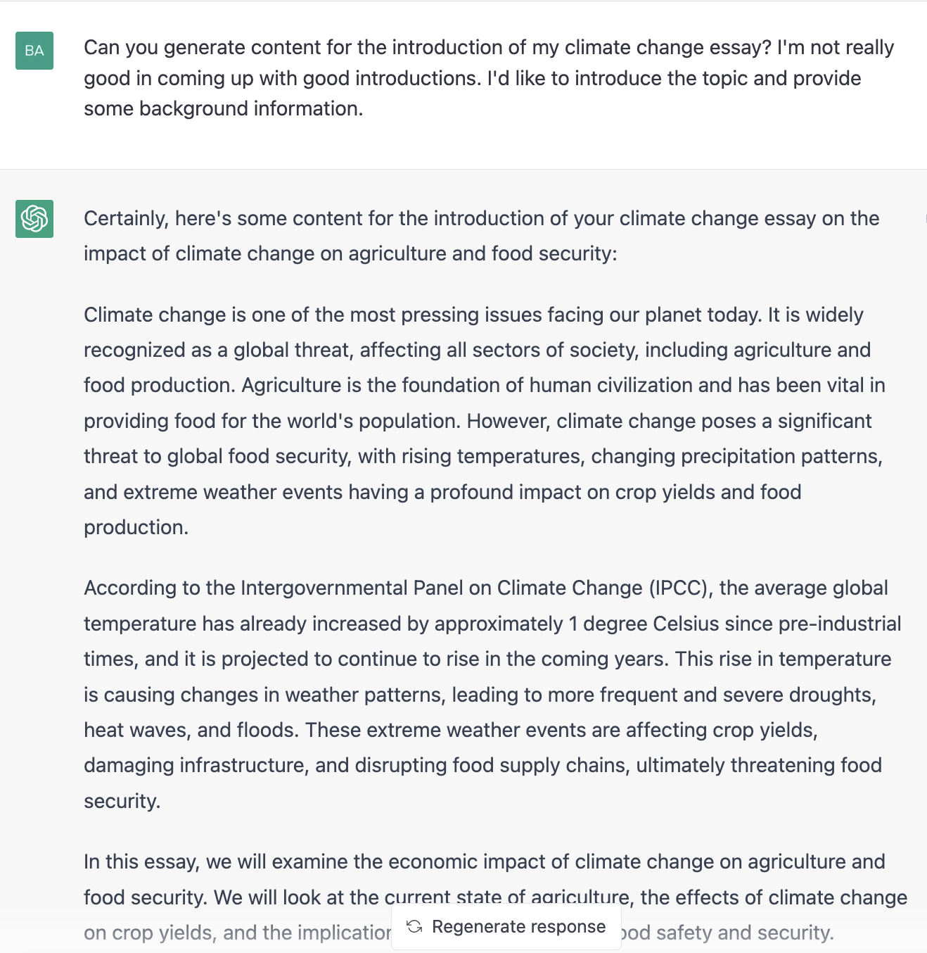 ChatGPT prompt for an introduction to an essay on the effects of climate change
